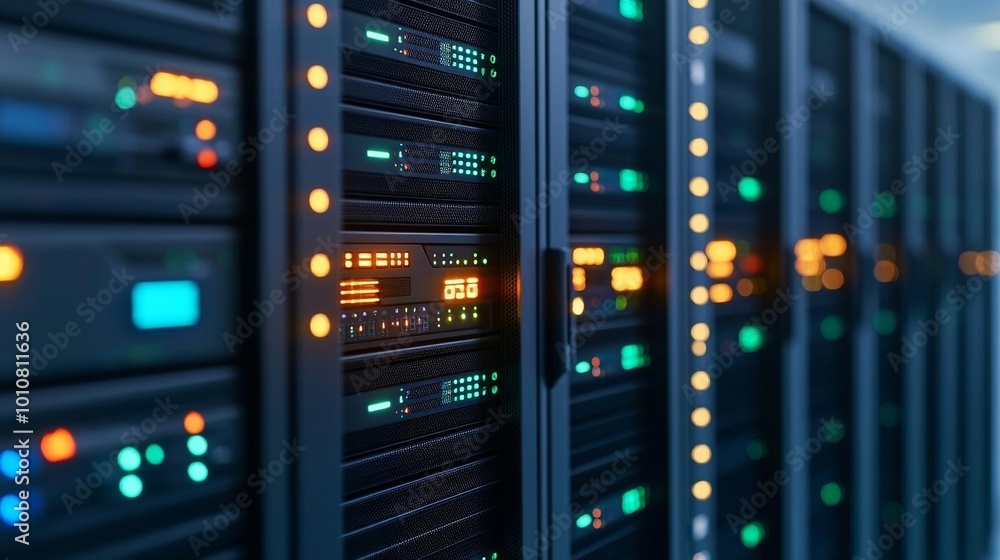 Close-up of data center servers with glowing indicators, emphasizing advanced computing and data storage, server technology Close-up of data center servers with glowing indicators, emphasizing advanced computing and data storage, server technology