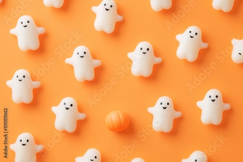 A pattern of small, cute cartoon ghosts and pumpkins on an orange background.