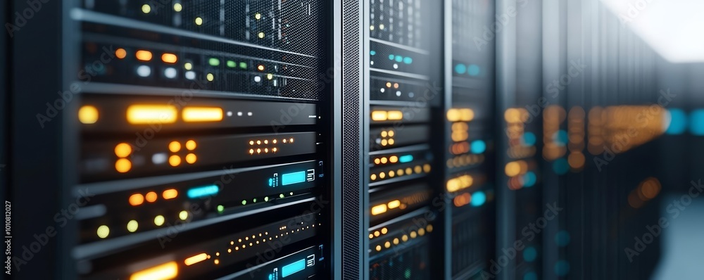 Illuminated racks in a state-of-the-art data center, emphasizing the power and complexity of contemporary internet content hosting Illuminated racks in a state-of-the-art data center, emphasizing the power and complexity of contemporary internet content hosting