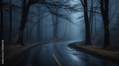 Foggy forest road at night with tall trees casting eerie shadows, creating a mysterious atmosphere.