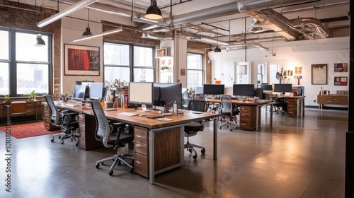 Wide shot of an open office with communal work tables  ergonomic chairs  and contemporary lighting