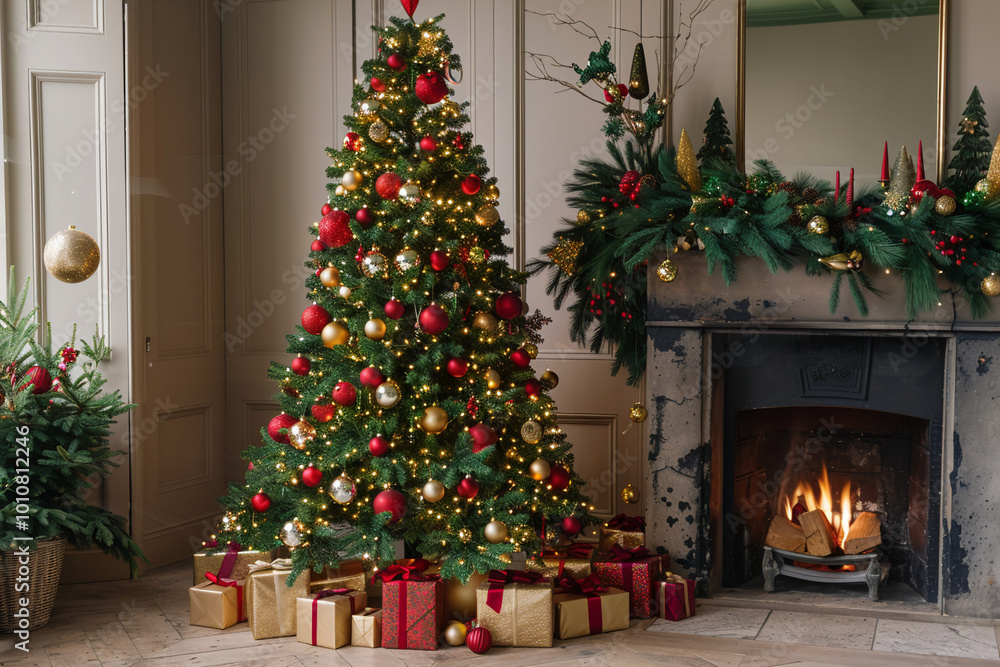 Elegant Christmas Tree by the Fireplace in Living Room Elegant Christmas Tree by the Fireplace in Living Room