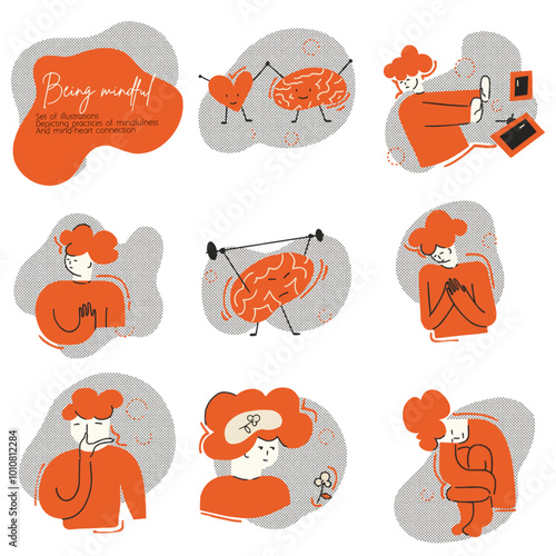 Being mindful | set of illustrations depicting people in actions related to Mindfulness, gratitude, mind and heart connection, pranayama and distraction from digital media.