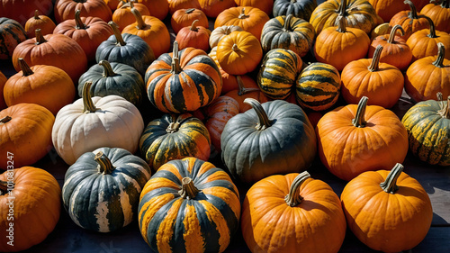 Colorful assortment of pumpkins and gourds in various shapes and sizes, perfect for autumn decorations. photo