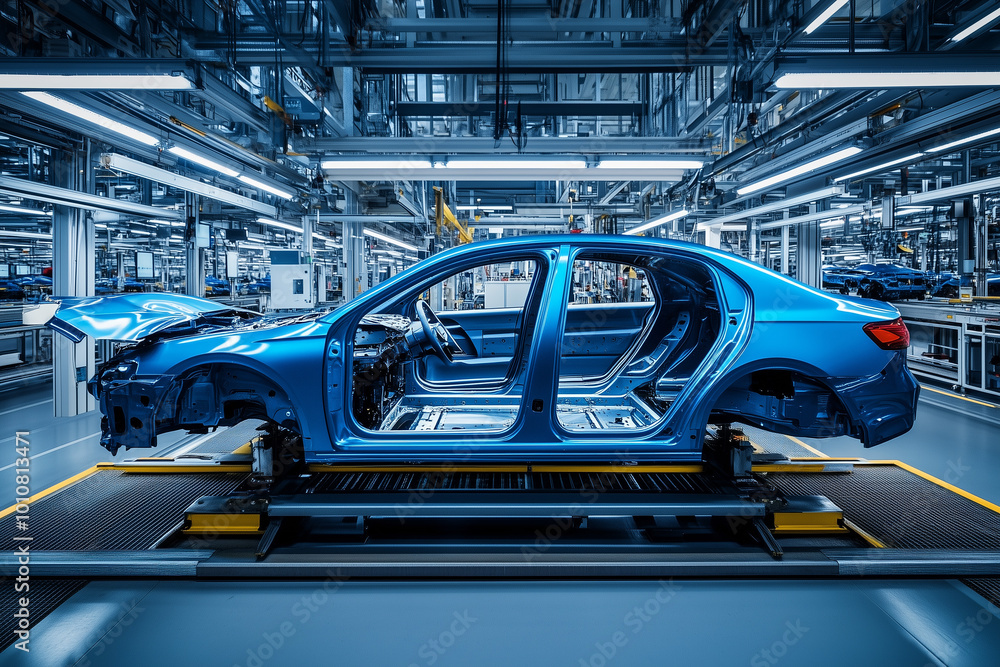 Blue car body on a conveyor belt in an automotive factory, car manufacturing process, automobile production line, industrial production, industrial technology, manufacturing process Blue car body on a conveyor belt in an automotive factory, car manufacturing process, automobile production line, industrial production, industrial technology, manufacturing process