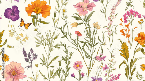 Wallpaper Mural Seamless Floral Pattern with Delicate Flowers, Green Foliage, and a Butterfly on a Light Background Torontodigital.ca