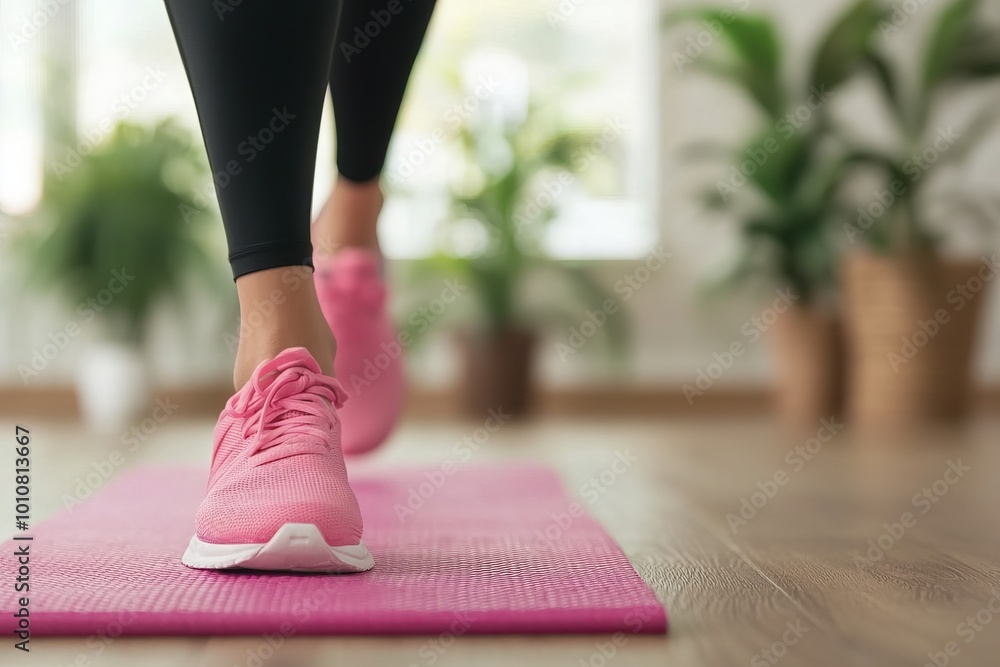 Person using resistance bands for strength training in the living room. They follow an online workout and feel motivated Person using resistance bands for strength training in the living room. They follow an online workout and feel motivated