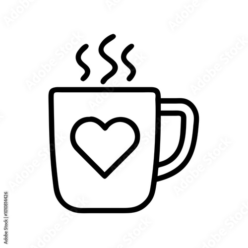 Steaming mug icon with heart, symbolizing warmth, comfort, and coziness