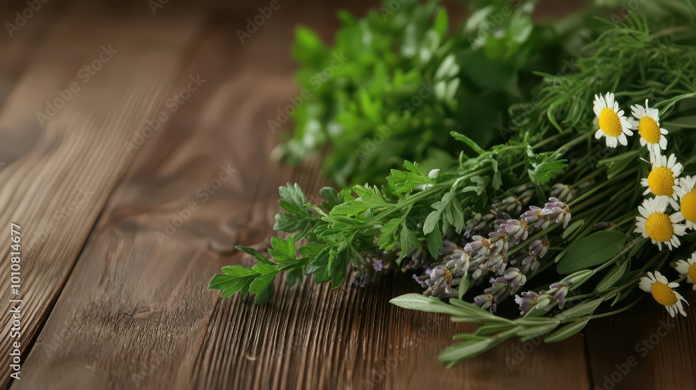 Fresh herbs and flowers arranged on a wooden surface, showcasing nature's beauty and vibrant colors. Fresh herbs and flowers arranged on a wooden surface, showcasing nature's beauty and vibrant colors.
