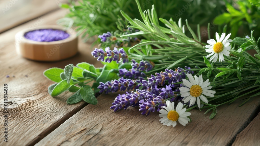 A vibrant arrangement of fresh herbs and flowers, including lavender and daisies, set against a rustic wooden background. A vibrant arrangement of fresh herbs and flowers, including lavender and daisies, set against a rustic wooden background.