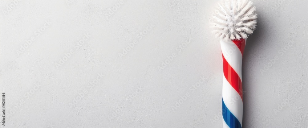 A toothbrush with a red, white and blue handle is sitting on a white background A toothbrush with a red, white and blue handle is sitting on a white background