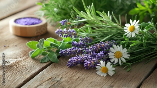 A vibrant arrangement of fresh herbs and flowers, including lavender and daisies, set against a rustic wooden background.