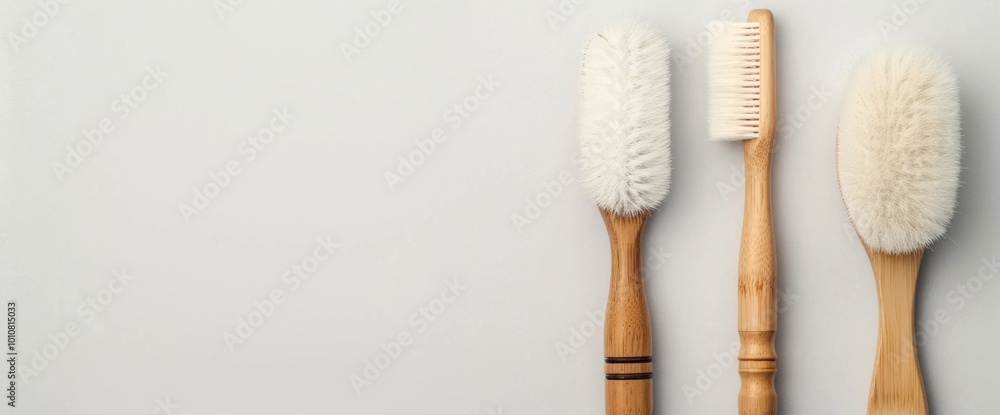 Three wooden toothbrushes are lined up on a white background Three wooden toothbrushes are lined up on a white background