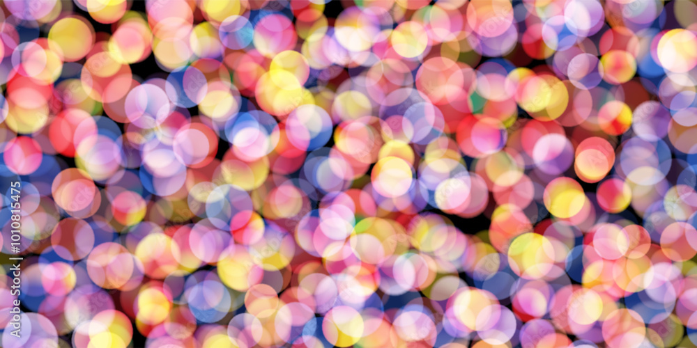 Yellow, pink and purple sequin on dark bg as neon bokeh seamless pattern. Bright, festive background with overlay texture. Vector illustration