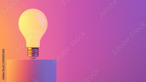 A glowing light bulb atop a white pedestal against a vibrant purple background, illuminating the space with warm colors.