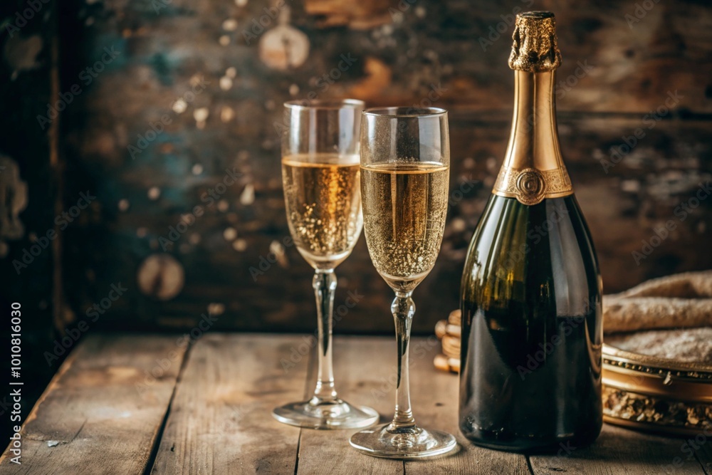 A banner for Christmas, New Year holidays and for romantic relationships. Two glasses and a bottle of champagne on a worn retro background. Grunge. A banner for Christmas, New Year holidays and for romantic relationships. Two glasses and a bottle of champagne on a worn retro background. Grunge.