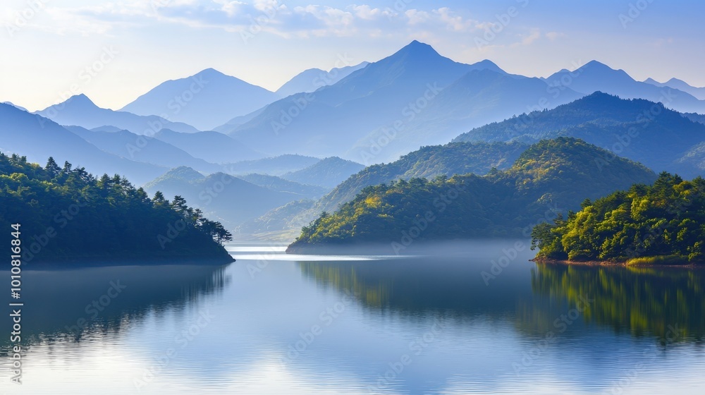 Majestic mountains reflect in tranquil waters at dawn in a serene landscape Majestic mountains reflect in tranquil waters at dawn in a serene landscape