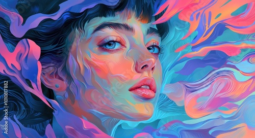 A mesmerizing portrait of a young woman surrounded by vibrant abstract colors at twilight