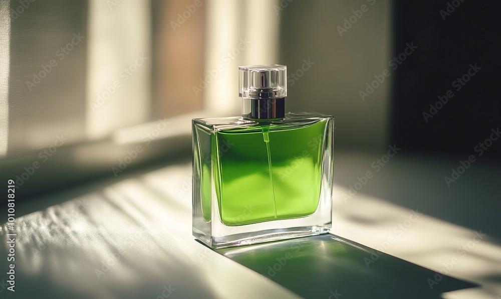 A bottle of green perfume is on a white surface A bottle of green perfume is on a white surface
