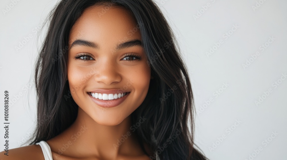 Radiant smile with flowing dark hair, exuding warmth and confidence against a soft neutral background, embodying youthful beauty and joy. Radiant smile with flowing dark hair, exuding warmth and confidence against a soft neutral background, embodying youthful beauty and joy.