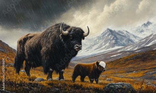 Musk oxen (Ovibos moschatus), standing, young animals, in the rain, autumn tundra, mountains,