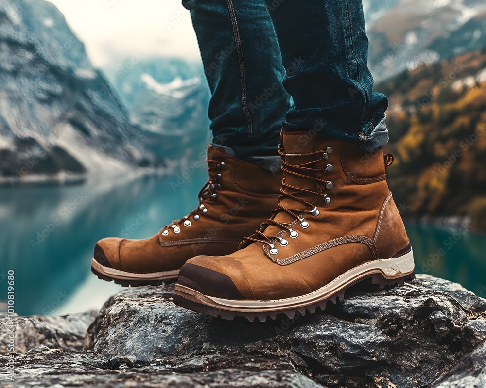 Designer hiker boots on rugged terrain, nature backdrop, emphasizing personal growth through outdoor exploration, luxury textures Designer hiker boots on rugged terrain, nature backdrop, emphasizing personal growth through outdoor exploration, luxury textures