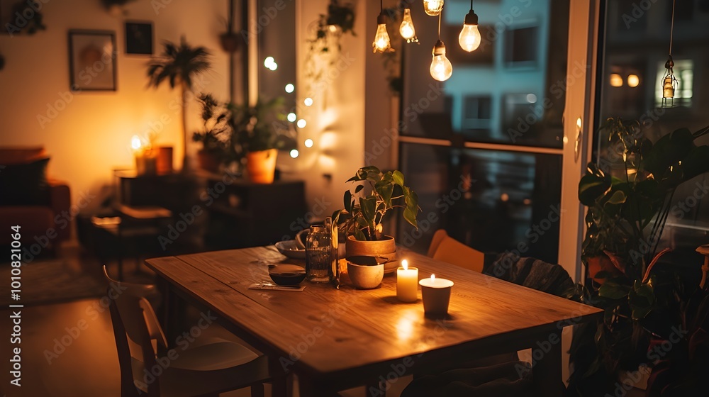 Small urban apartment with a casual dinner setup, natural wood table, candles flickering, warm tones, and a hygge ambiance Small urban apartment with a casual dinner setup, natural wood table, candles flickering, warm tones, and a hygge ambiance
