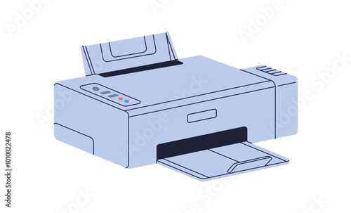 Office inkjet printer for printing documents. Printout and paper copy device, laser technology. Multifunctional gadget. Copier and scan machine. Flat vector illustration isolated on white background