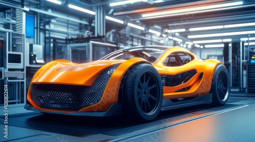 Depict a large industrial 3D printer at the center of the illustration, showcasing its robust and high-tech design. 