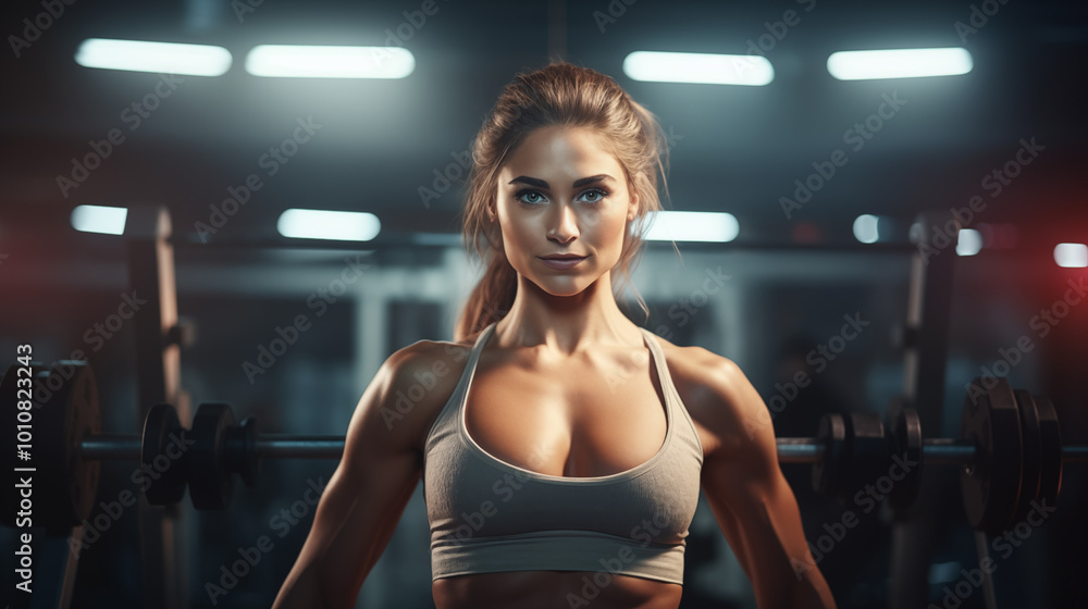 Portrait of a strong woman lifting weights in a gym Portrait of a strong woman lifting weights in a gym