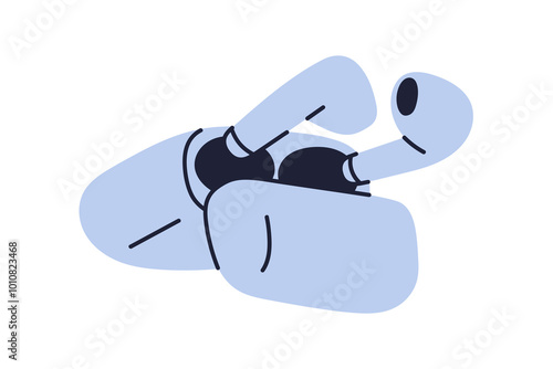 Wireless earbuds, compact audio accessory in case for music listening. Cordless earphones, portable mobile earplugs in box. Ear phones, buds. Flat vector illustration isolated on white background