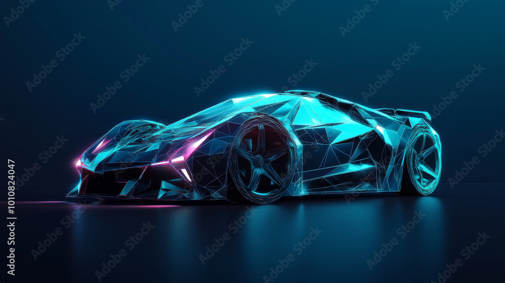 Abstract vector illustration of an electric sports car in 3D, showcasing high speed on a highway. Isolated on a dark blue background, featuring a digital futuristic polygonal low poly mesh design.
Abstract vector illustration of an electric sports car in 3D, showcasing high speed on a highway. Isolated on a dark blue background, featuring a digital futuristic polygonal low poly mesh design.