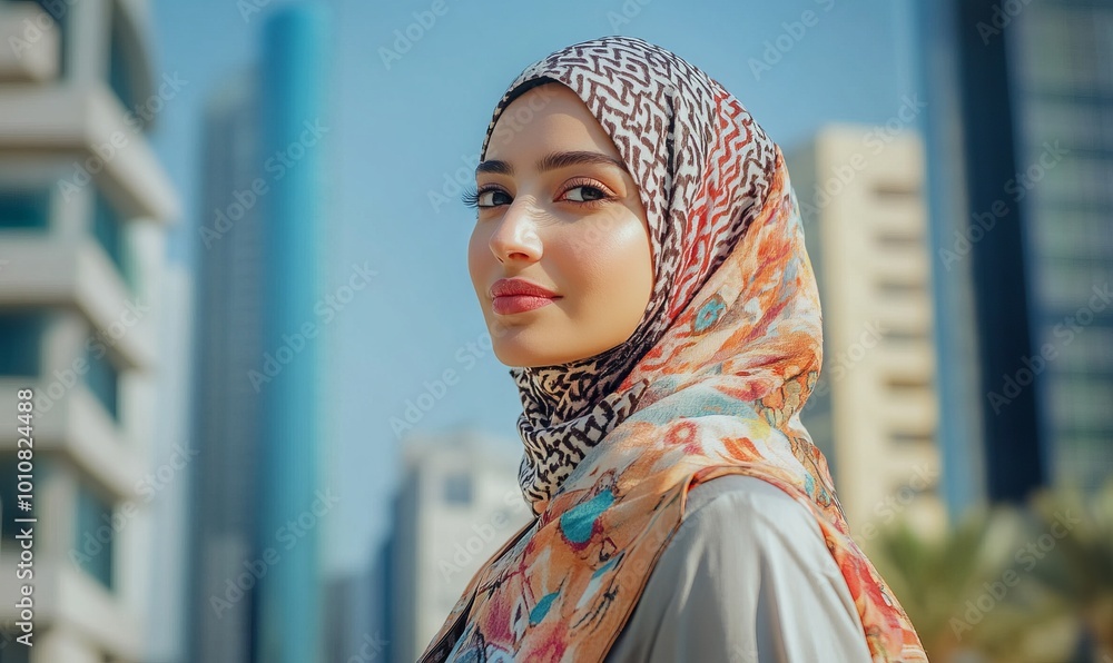 Arabian woman in traditional hijab clothes living in big city having modern life sports job leisure Arabian woman in traditional hijab clothes living in big city having modern life sports job leisure