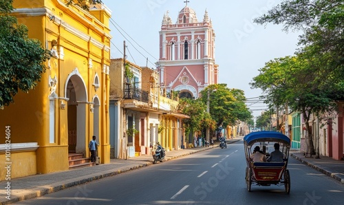 Auto rickshaw on a road in Pondicherry, India, travelling on a street passing by a church building