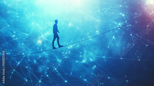 A man walking on a tightrope, depicted in a polygonal design featuring interconnected elements. The composition is set against a blue background.