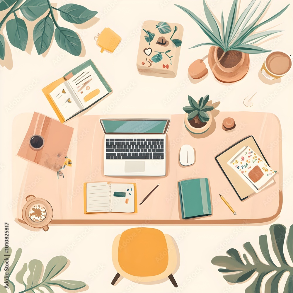 Happy weekend mindful layout, flat design, top view, cozy workspace theme, cartoon drawing, colored pastel Happy weekend mindful layout, flat design, top view, cozy workspace theme, cartoon drawing, colored pastel