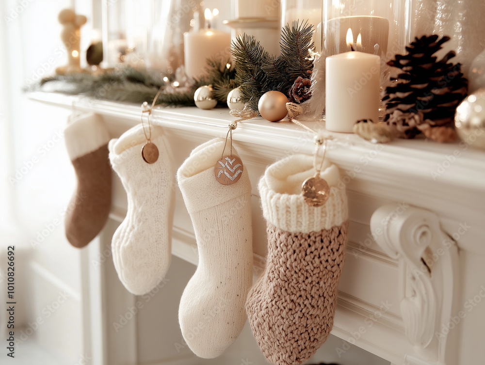 Christmas Stockings on a Pastel Mantel: A cozy fireplace with pastel-colored stockings hanging from the mantel, adorned with soft ribbons, delicate ornaments, and holiday greenery. Christmas Stockings on a Pastel Mantel: A cozy fireplace with pastel-colored stockings hanging from the mantel, adorned with soft ribbons, delicate ornaments, and holiday greenery.