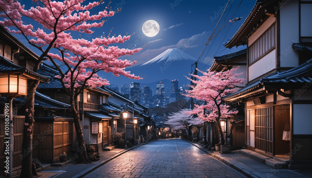 Fototapeta premium anime wallpaper featuring Tokyo and Japanese streets during cherry blossom season, blending eco-friendly city views, beautiful backgrounds, and village architecture, with light-filled skies