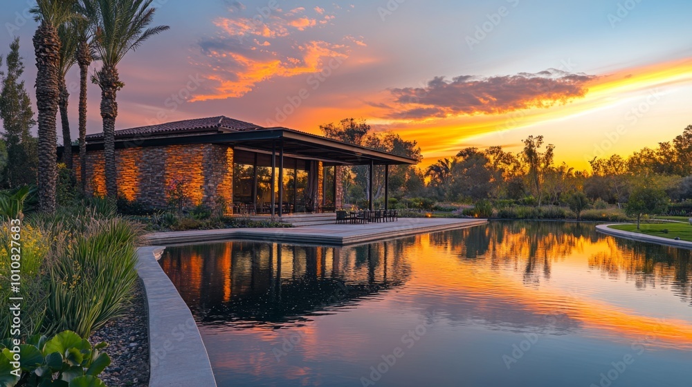 Fototapeta premium Modern Lakeside Pavilion at Sunset