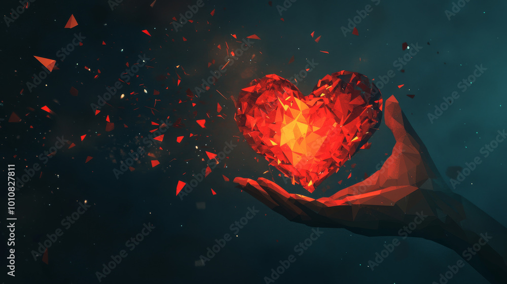 An abstract, isolated image of a human hand holding a broken heart, rendered in a polygonal low-poly style. The design resembles stars in the dark night sky or floating glass shards, giving it a cosmi An abstract, isolated image of a human hand holding a broken heart, rendered in a polygonal low-poly style. The design resembles stars in the dark night sky or floating glass shards, giving it a cosmi