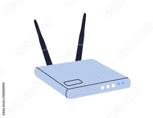 Wireless router with antennae for internet access and wifi network connection. Wi-Fi device, modem with broadband signal. Technology, equipment. Flat vector illustration isolated on white background