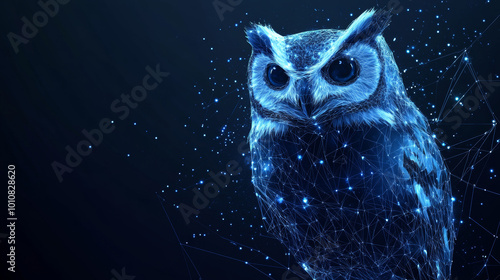 A low-poly wireframe of an owl, isolated on a dark background, with a polygonal design resembling a starry sky or space. The owl is formed from points, lines, and geometric shapes, with stars scattere photo