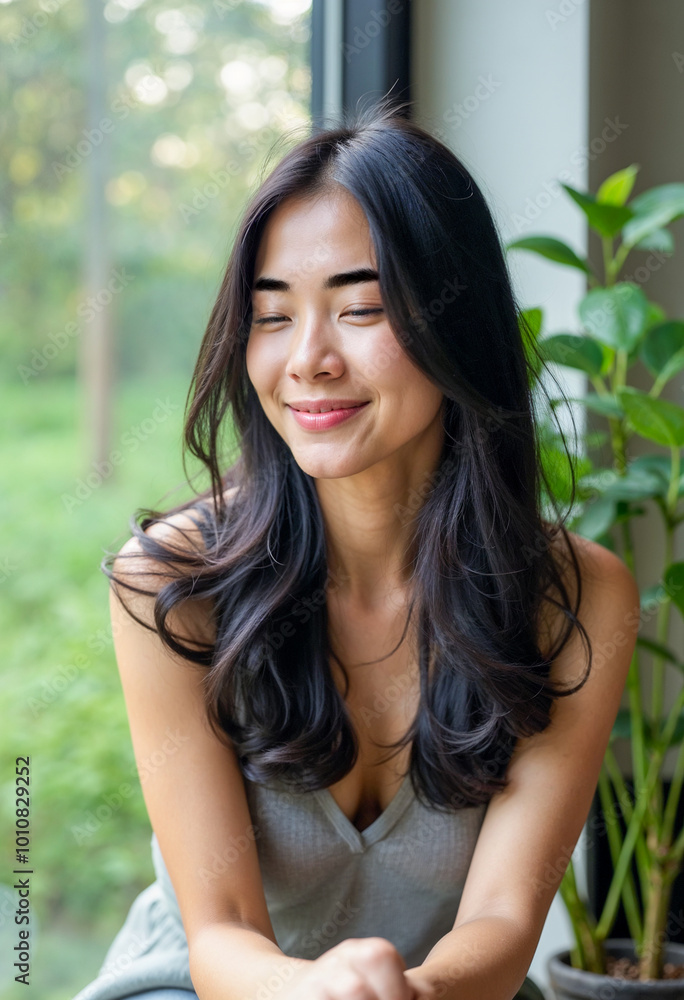 Relaxed Young Woman Smiling Indoors by Window Relaxed Young Woman Smiling Indoors by Window