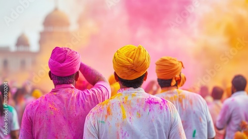 Holi festival in historic Indian city, people performing religious rituals, ancient architecture backdrop, vibrant powders, cultural inheritance, spiritual festivity