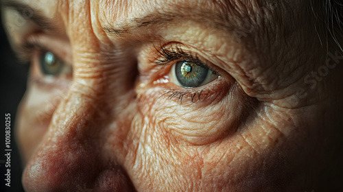 Close-up of elderly woman's wrinkled eyes, symbolizing aging, wisdom, and life experiences. Perfect for content about aging, eye care, skincare for mature skin, and the beauty of age

 photo