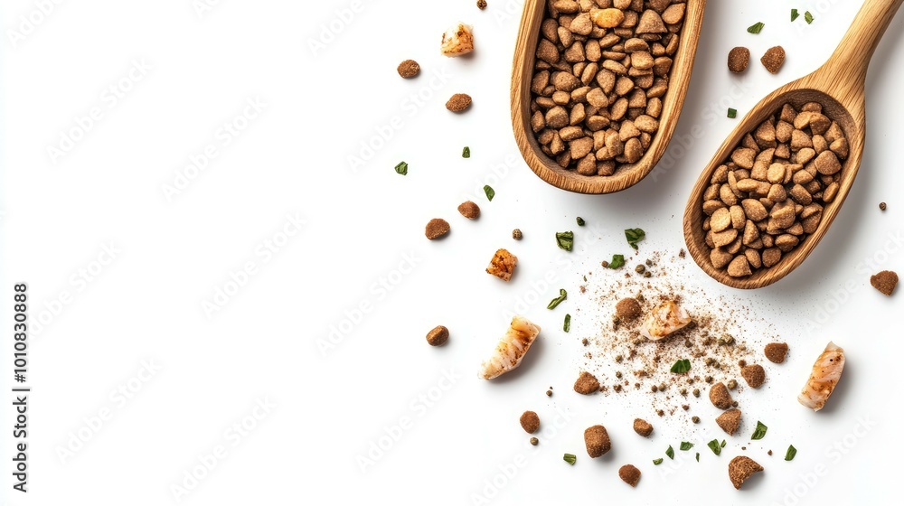 Closeup of dry pet food kibble and treats scattered on a white background in wooden spoons, with copy space.