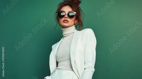 Fashionable confident woman wearing elegant white suit with blazer, trousers, cashmere turtleneck sweater, trendy cat eye sunglasses, posing on green background. Studio fashion portrait 