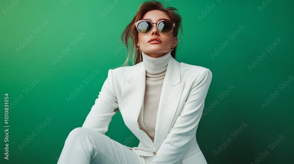 Fashionable confident woman wearing elegant white suit with blazer, trousers, cashmere turtleneck sweater, trendy cat eye sunglasses, posing on green background. Studio fashion portrait Fashionable confident woman wearing elegant white suit with blazer, trousers, cashmere turtleneck sweater, trendy cat eye sunglasses, posing on green background. Studio fashion portrait