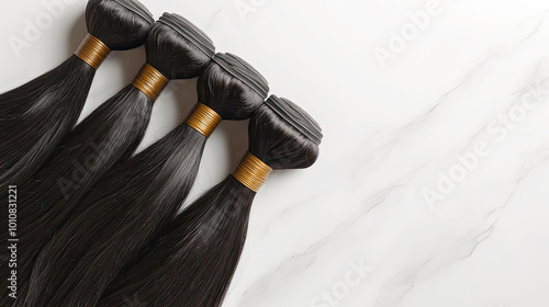 Natural black Brazilian hair bundles on a white surface photo