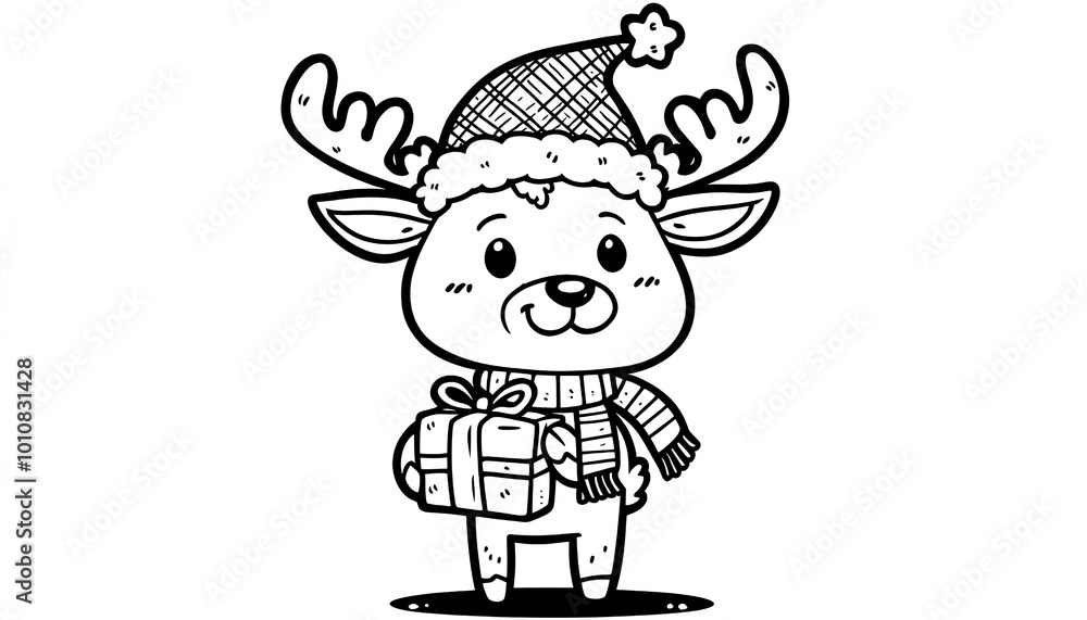 Line drawing, elk wearing santa hat, cartoon illustration Line drawing, elk wearing santa hat, cartoon illustration